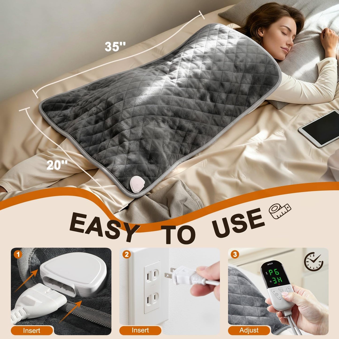 Electric Heating Pad for Back Neck & Shoulders, 35"x20" King Size, Velvet | FSA Eligible HSA, for Period Cramps, Abdomen and Knee, Dry or Moist Heat Use, 2H Auto Shut Off, 6 Heat Settings, Washable