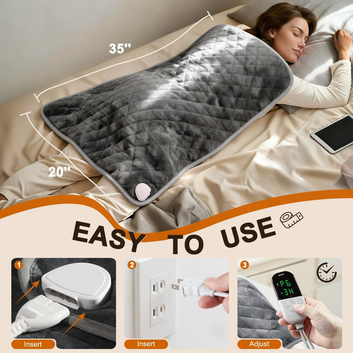 Electric Heating Pad for Back Neck & Shoulders, 35"x20" King Size, Velvet