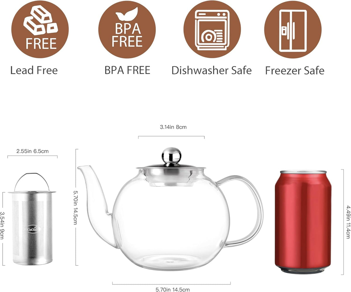CNGLASS 40oz Glass Teapot with Removable Infuser,Clear Tea Kettle Stovetop Safe,Blooming and Loose Leaf Tea Maker Set