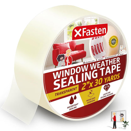 XFasten Transparent Window Weather Stripping Tape 2”x30yds (3-Pack Total 90yds), No Residue Insulation Tape for Windows and Doors, Winter Window Seal