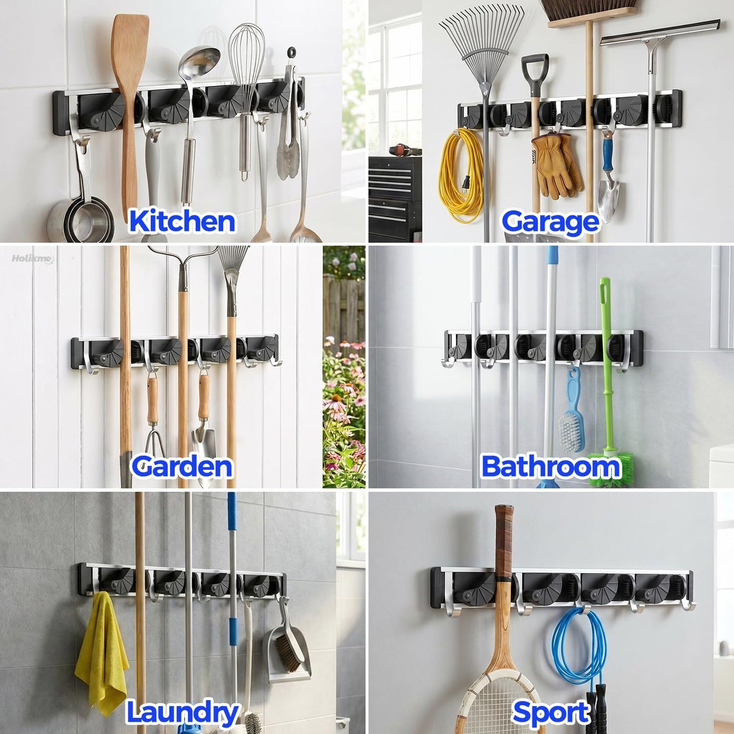 Holikme Mop Broom Holder Wall Mount Metal Pantry Organization and Storage Garden Kitchen Tool Organizer Wall Hanger for Home Goods (4 Positions with 4 Hooks, Silver)