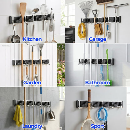 Holikme Mop Broom Holder Wall Mount Metal Pantry Organization and Storage Garden Kitchen Tool Organizer Wall Hanger for Home Goods (4 Positions with 4 Hooks, Silver)