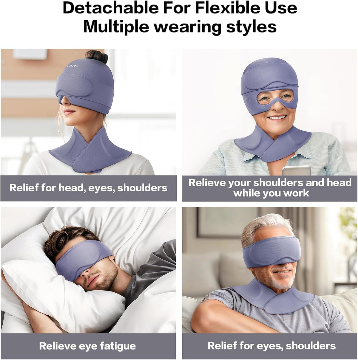 3 in 1 Migraine Relief Cap Neck Ice Pack Wrap Gel and Ice Eye Masks, Detachable Ice Caps with Eyes Masks, Hot and Cold Therapy for Relief of Headaches, Stiff Neck and Eye Fatigue (Purple)