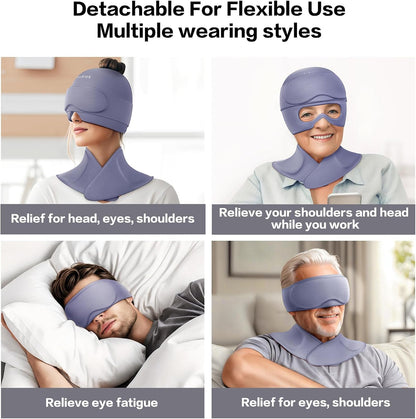 3 in 1 Migraine Relief Cap Neck Ice Pack Wrap Gel and Ice Eye Masks, Detachable Ice Caps with Eyes Masks, Hot and Cold Therapy for Relief of Headaches, Stiff Neck and Eye Fatigue (Purple)