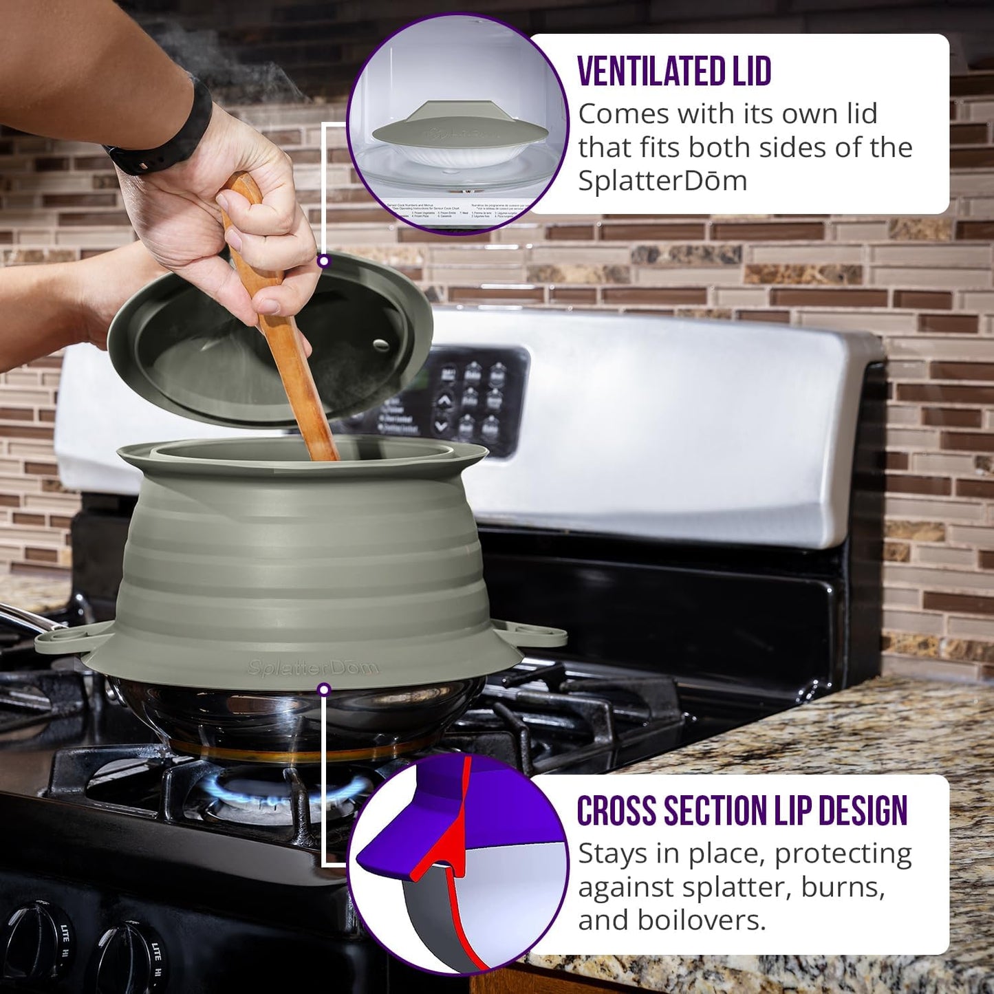 L.I.Q. Silicone Splatter Guard, Durable SplatterDom, Blue Steel, Large | 10 and 12 Inch Pots, 10'' Lid, Food and Oil Splash Guard for Cooking, Easy to Clean and Store, BPA-Free, Microwave Safe