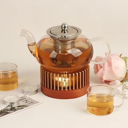 Teapot Warmer, Aluminum Alloy & Wood Tea Warmer with Tealight Holder, Rose Gold Teapot Heater for Heating Coffee, Milk, Food Indoors and Outdoors, Suitable for All Teapots