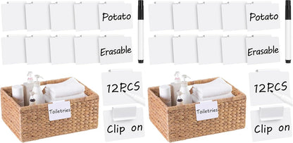 Utron 12pcs White Basket Labels, 3.5x2.7 Clip On PVC Labels with Pen for Storage Bins, Removable Label Holders, Regular
