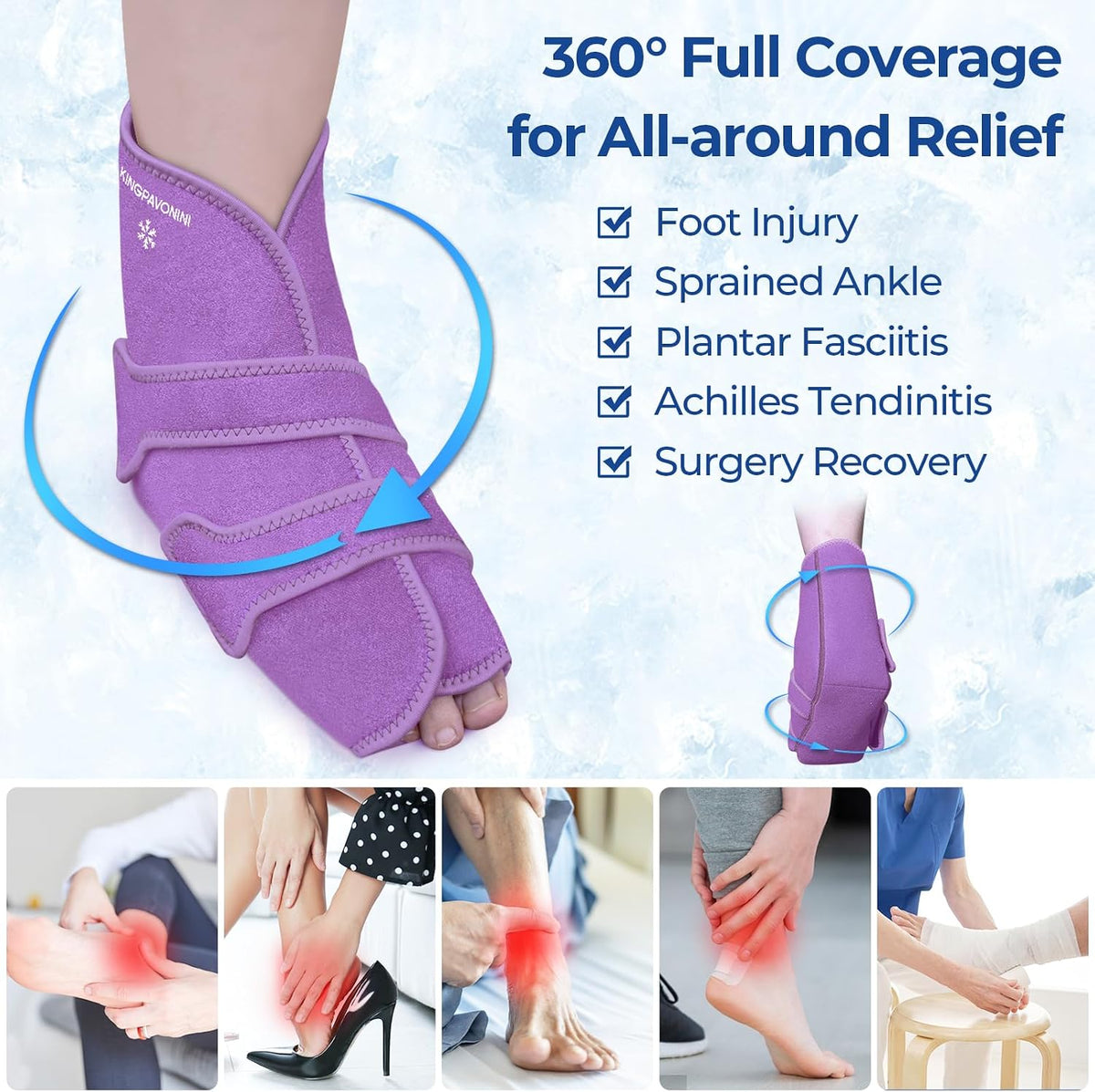 KingPavonini Ankle Foot Ice Pack Wrap, XL, Blue, 1 Wrap + 4 Gel Packs