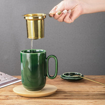 Ceramic Tea Cup Mug Infuser - VICRAYS Large 16 oz Hot Loose Steeping Handle Teacup with Leaf Infuser Spoon Lid - Blue Tall Glazed Strainer Coffee Mug Microwave Safe - Blue