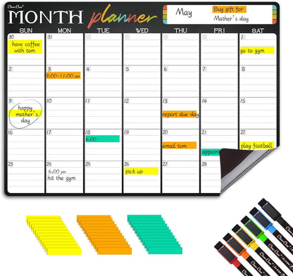 Magnetic Dry Erase Monthly Calendar Set - 15.5"x13" Monthly and 8.5"x13" Weekly Calendar for Fridge - 6 Extra Fine Point Markers Included - Shipped Flat
