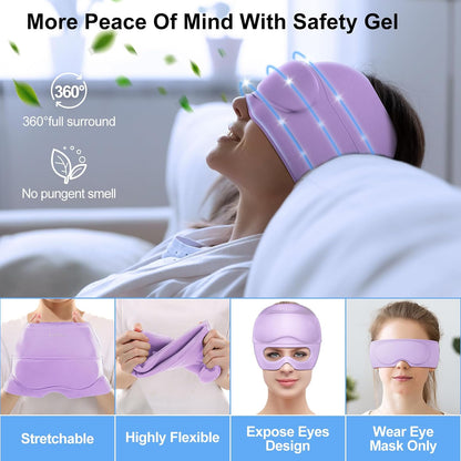 2 in 1 Migraine Relief Cap with Gel Eye Mask, Headache Relief Cap Ice Head Wrap Hot and Cold Therapy Hat Gift for Women for Headache Puffy Eyes Sinus and Tension Stress Relief (Light Purple)