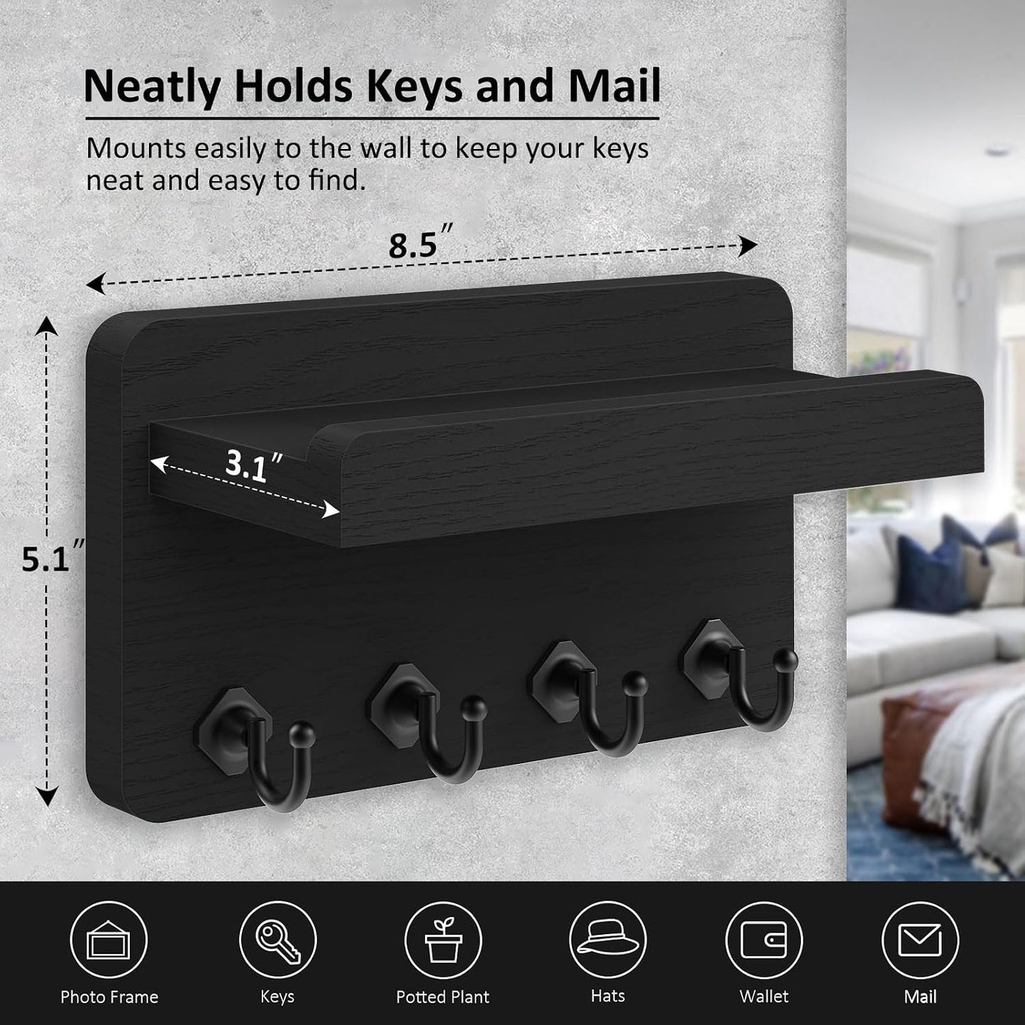 Nekon Key Holder Wall Mount, 8.5 Inch Small Wooden Wall Organizer, Black | Rustic Wall Shelf, Farmhouse Key and Mail Holder for Living Room Entryway Kitchen