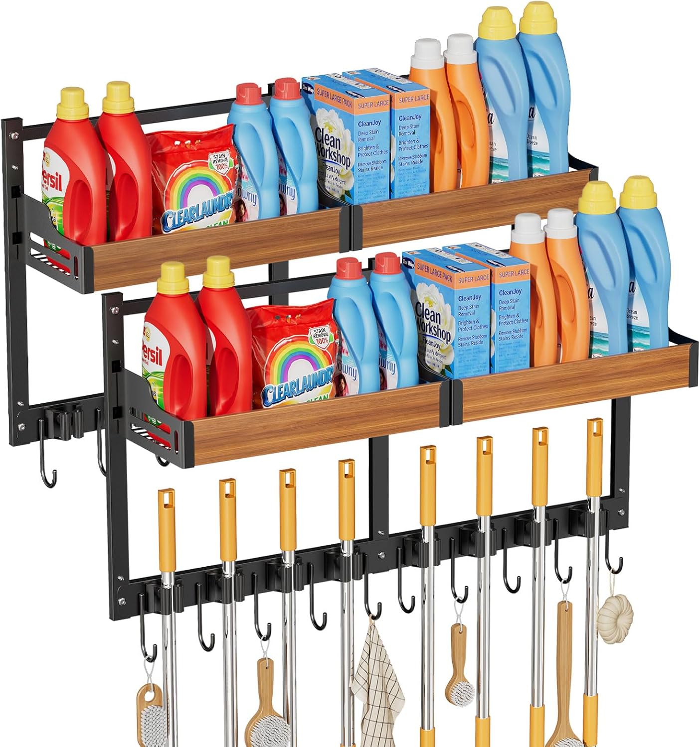 Broom and Mop Organizer Wall Hanging, Broom Holder Wall Mount with Cleaning Supplies Organizer, Broom Hanger Wall Mount with Storage Shelf and Hooks for Laundry Room Garage Kitchen