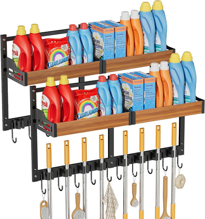Broom and Mop Organizer Wall Hanging, Broom Holder Wall Mount with Cleaning Supplies Organizer, Broom Hanger Wall Mount with Storage Shelf and Hooks for Laundry Room Garage Kitchen