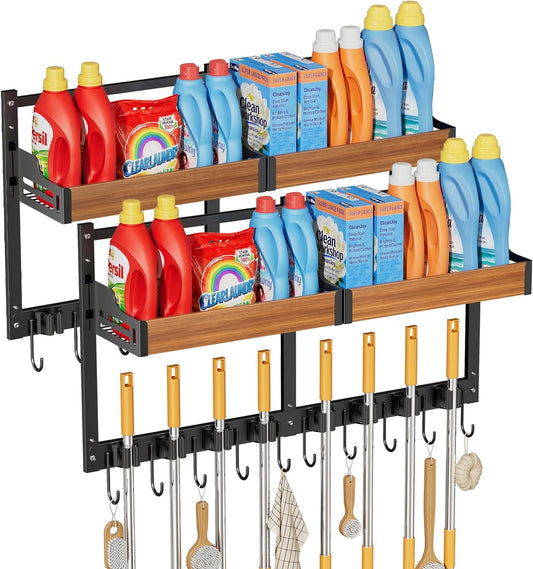 Broom and Mop Organizer Wall Hanging, Broom Holder Wall Mount with Cleaning Supplies Organizer, Broom Hanger Wall Mount with Storage Shelf and Hooks for Laundry Room Garage Kitchen