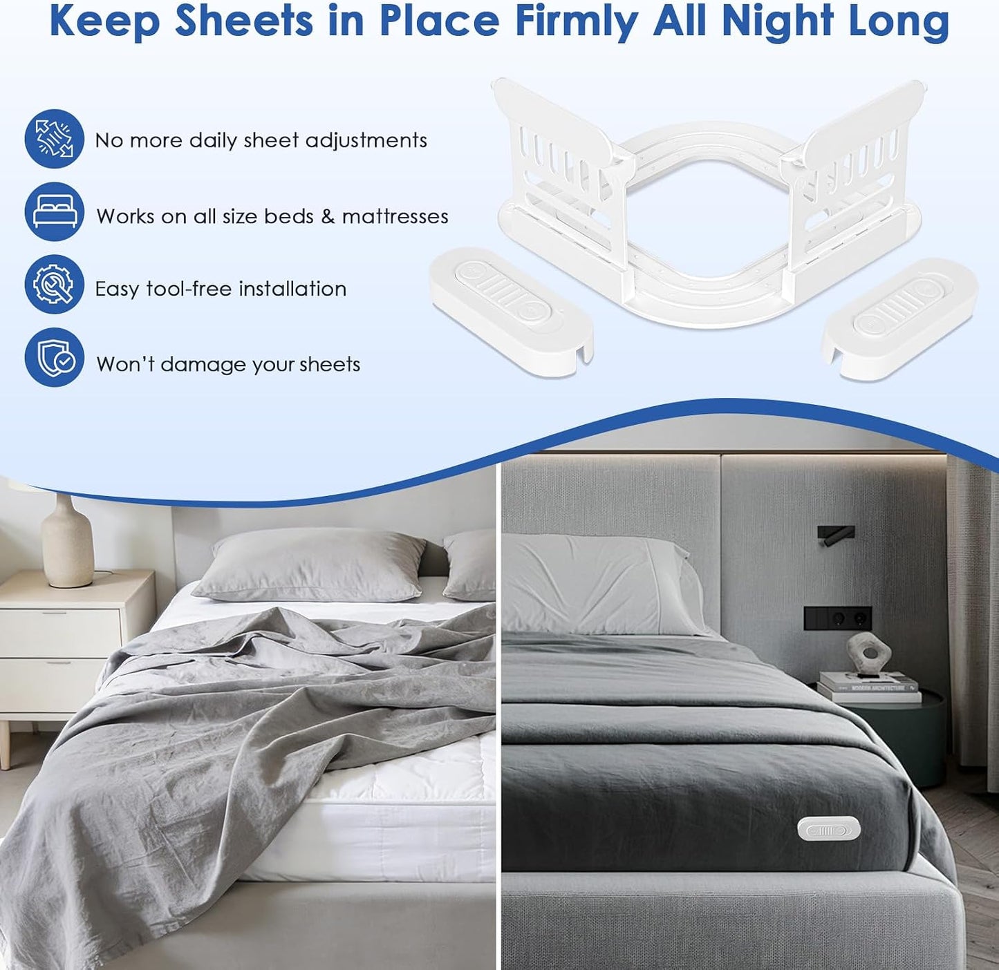 AMOVO Sheet Holders for Corners Keep Fitted Sheet in Place Mattress Straps | Sheet & Mattress Secure, Heavy Duty Sheet Slide Stopper, Easy Installation, Fitted Sheet Clips Gentle on All Fabrics,Matte