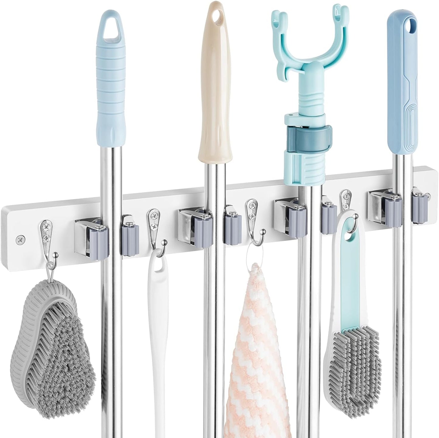 OUTNILI Mop and Broom Holder Wall Mount - Wood Broom Mop Hanger - Wall Mounted Garden Tool Rack Organizer for Closet Garage Laundry Room, Rustic Kitchen Decor With 4 Slots & 4 Hooks