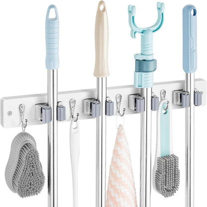 OUTNILI Mop and Broom Holder Wall Mount - Wood Broom Mop Hanger - Wall Mounted Garden Tool Rack Organizer for Closet Garage Laundry Room, Rustic Kitchen Decor With 4 Slots & 4 Hooks
