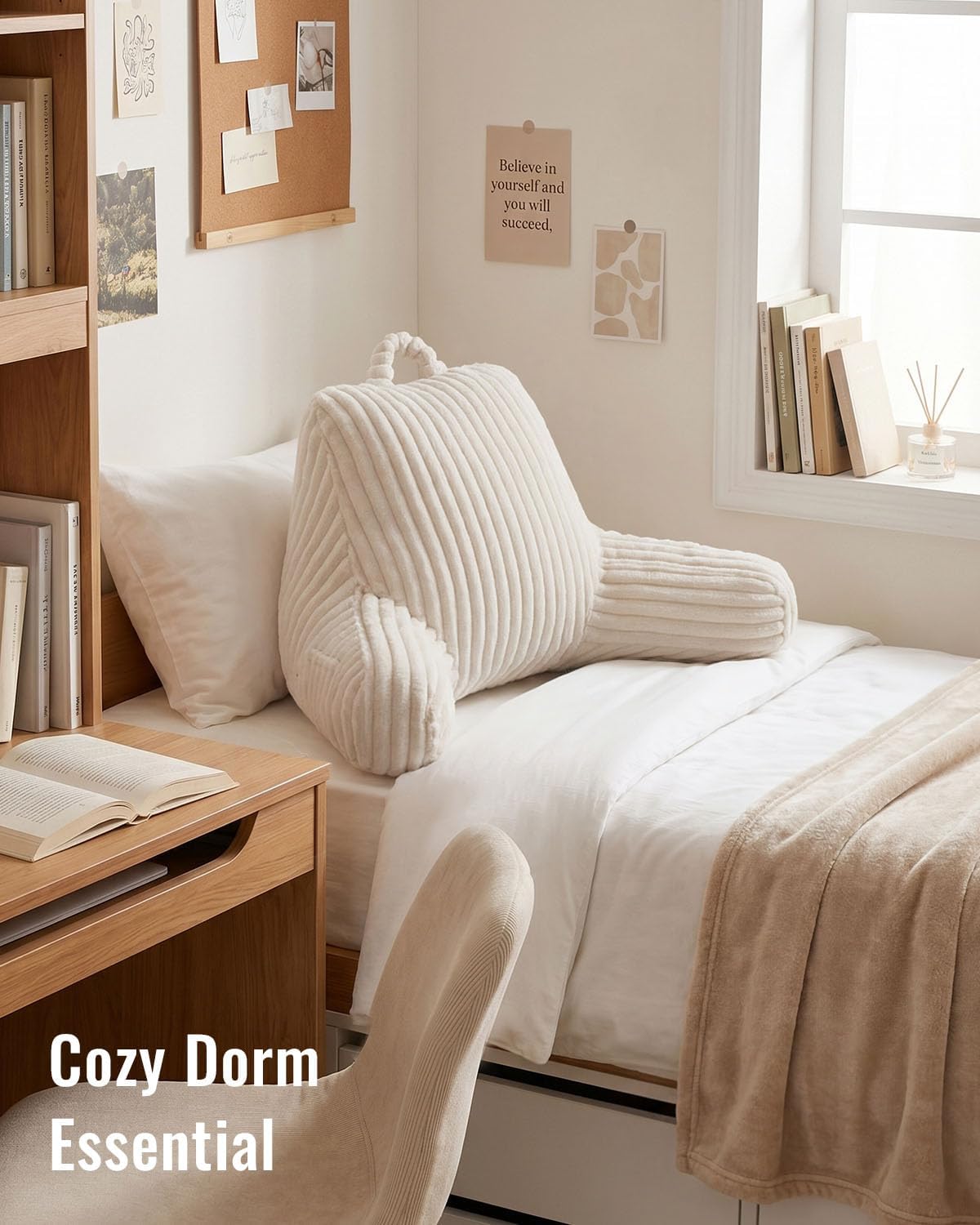 Blissful Diary Reading Pillow, Backrest Pillow with Shredded Memory Foam for Adult & Children, Designed for Bed and Couch Sitting Up, Includes Arms, Pockets and Washable Cover, Off White