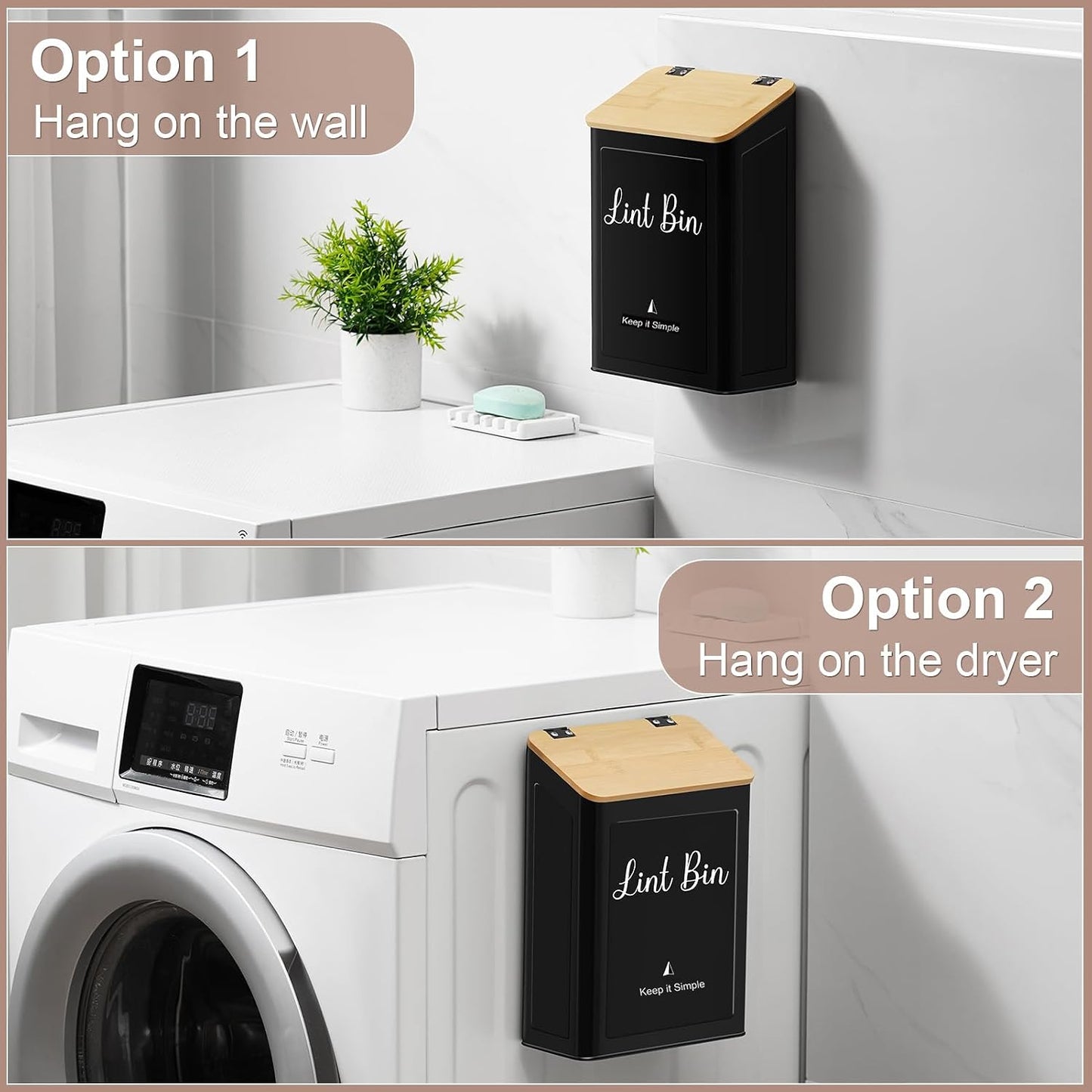 SUBEKYU Magnetic Lint Bin for Laundry Room Organization and Storage,White | Wall Mounted Metal Lint Box Holder Trash Can with Bamboo Lid for Dryer,Lint Basket for Laundry Room Decor