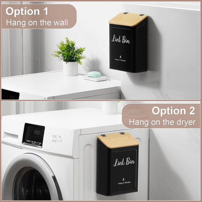 SUBEKYU Magnetic Lint Bin for Laundry Room Organization and Storage,White | Wall Mounted Metal Lint Box Holder Trash Can with Bamboo Lid for Dryer,Lint Basket for Laundry Room Decor