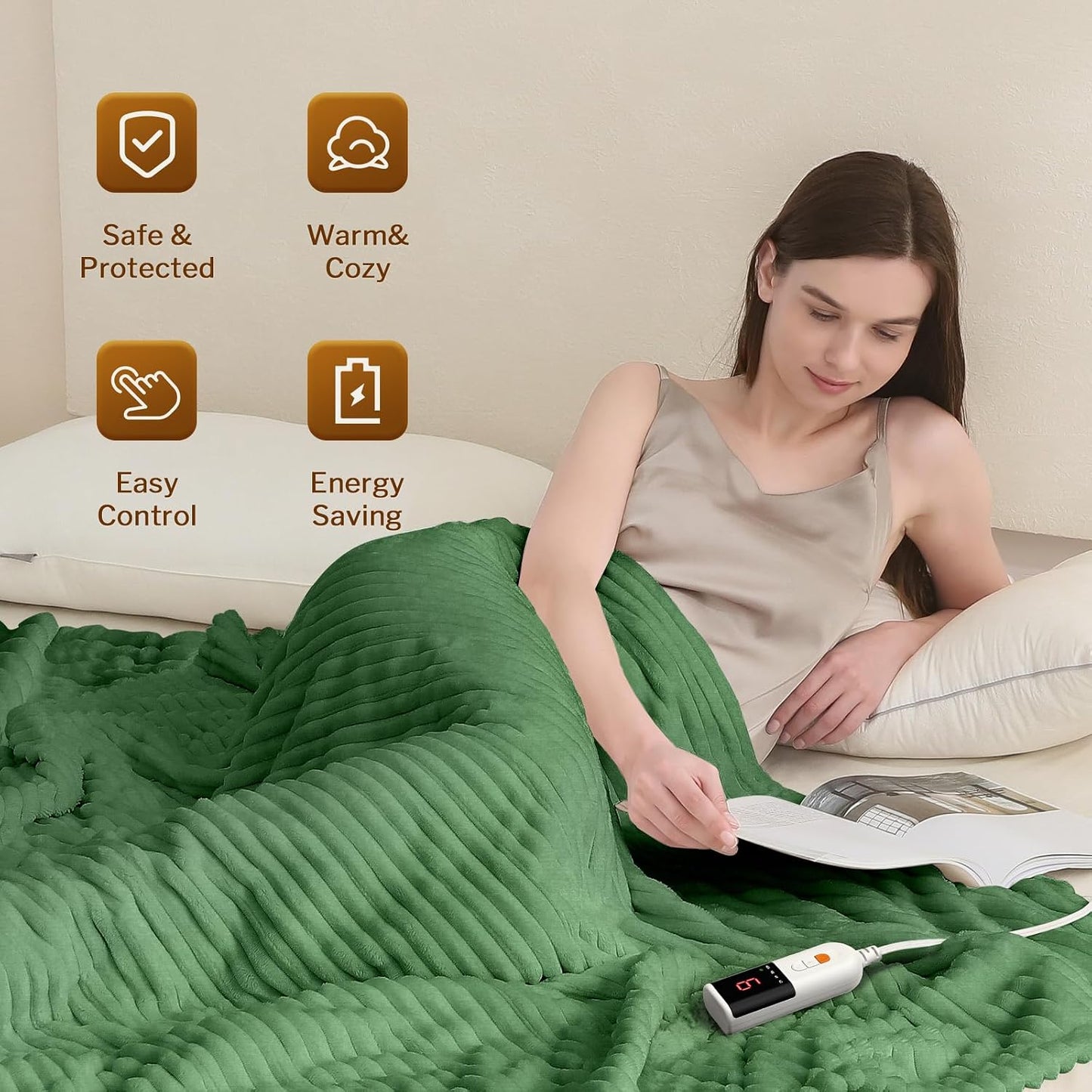 Heated Throw Blanket, 5 Heat Levels, 3 Hours Auto-Off, White | ETL & FCC certified, 50" × 60", OEKO-TEX fabric, machine washable, 100W low energy