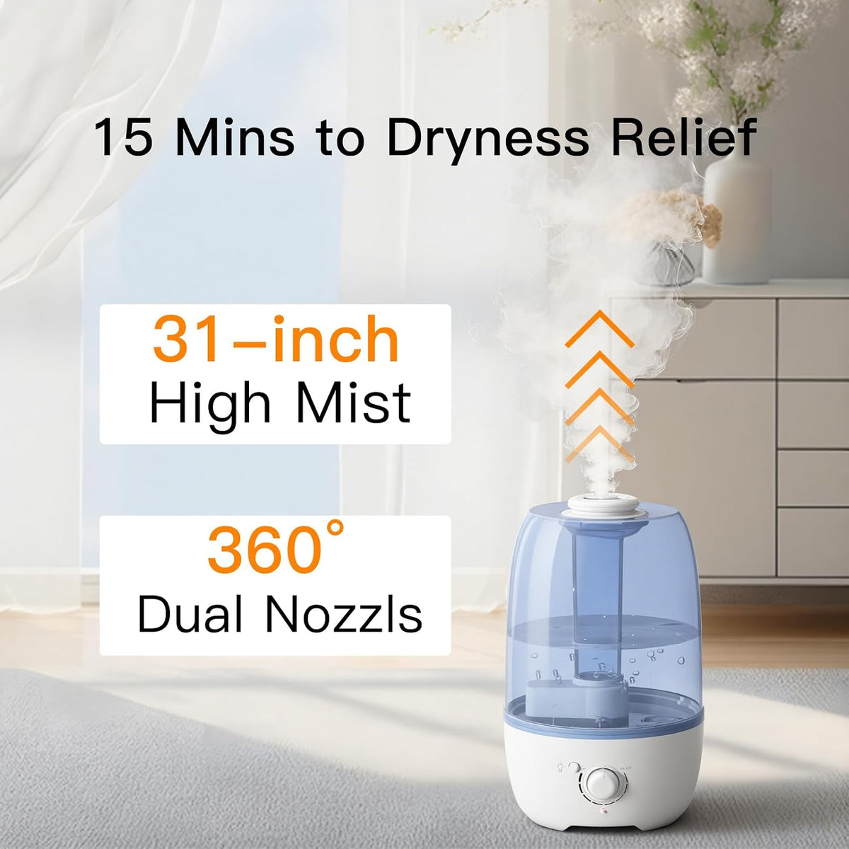 MEGAWISE 3.2L Cool Mist Humidifier for Bedroom, Ultrasonic Air Humidifier for Baby & Kids Room, Quiet Leak-Proof Design, Fine Mist, Auto Shut-Off, Essential Oil Compatible, Sleep Humidifier (White)