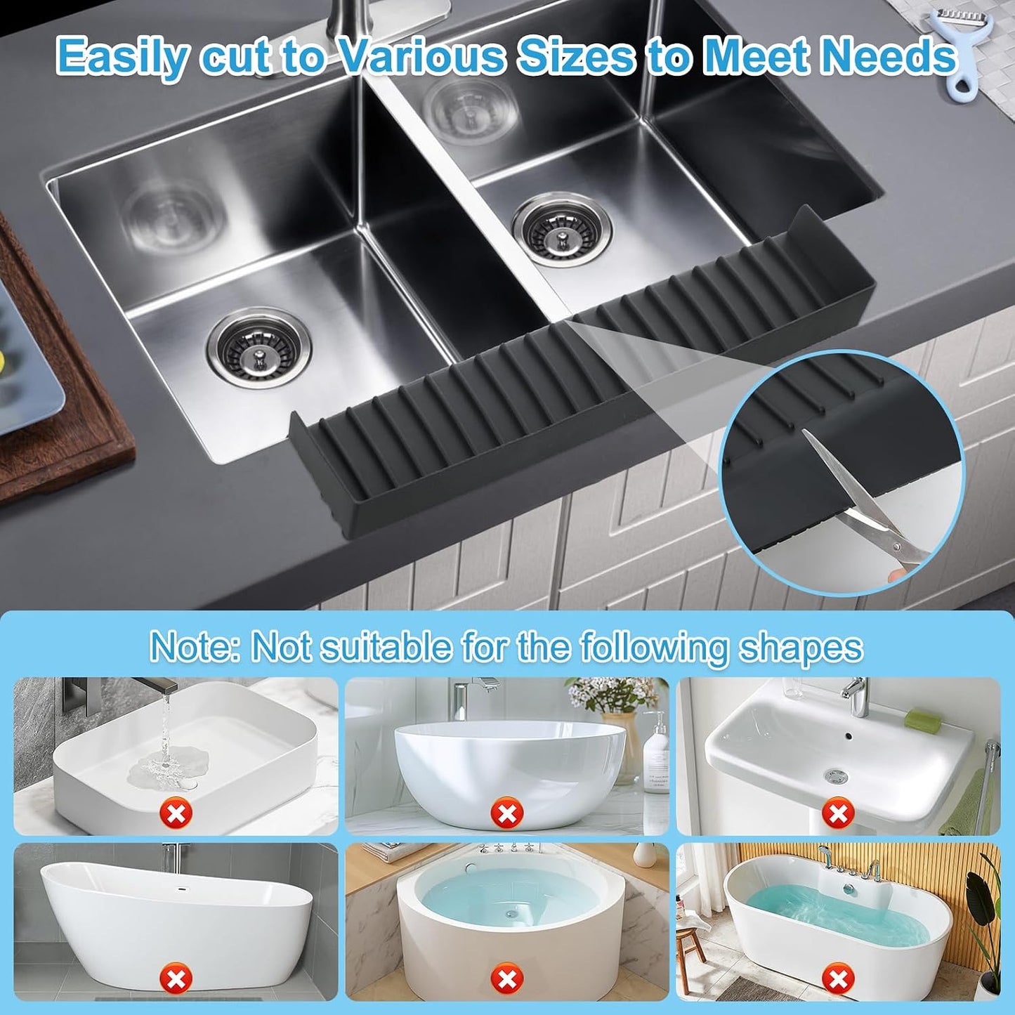 Silicone Faucet Splash Guard 4" x 30", Faucet Water Catcher Mat, Longer Silicone Sink Mat for Kitchen, Bathroom, Laundry Room, Farmhouse for Quartz Kitchen Sink（Gray）