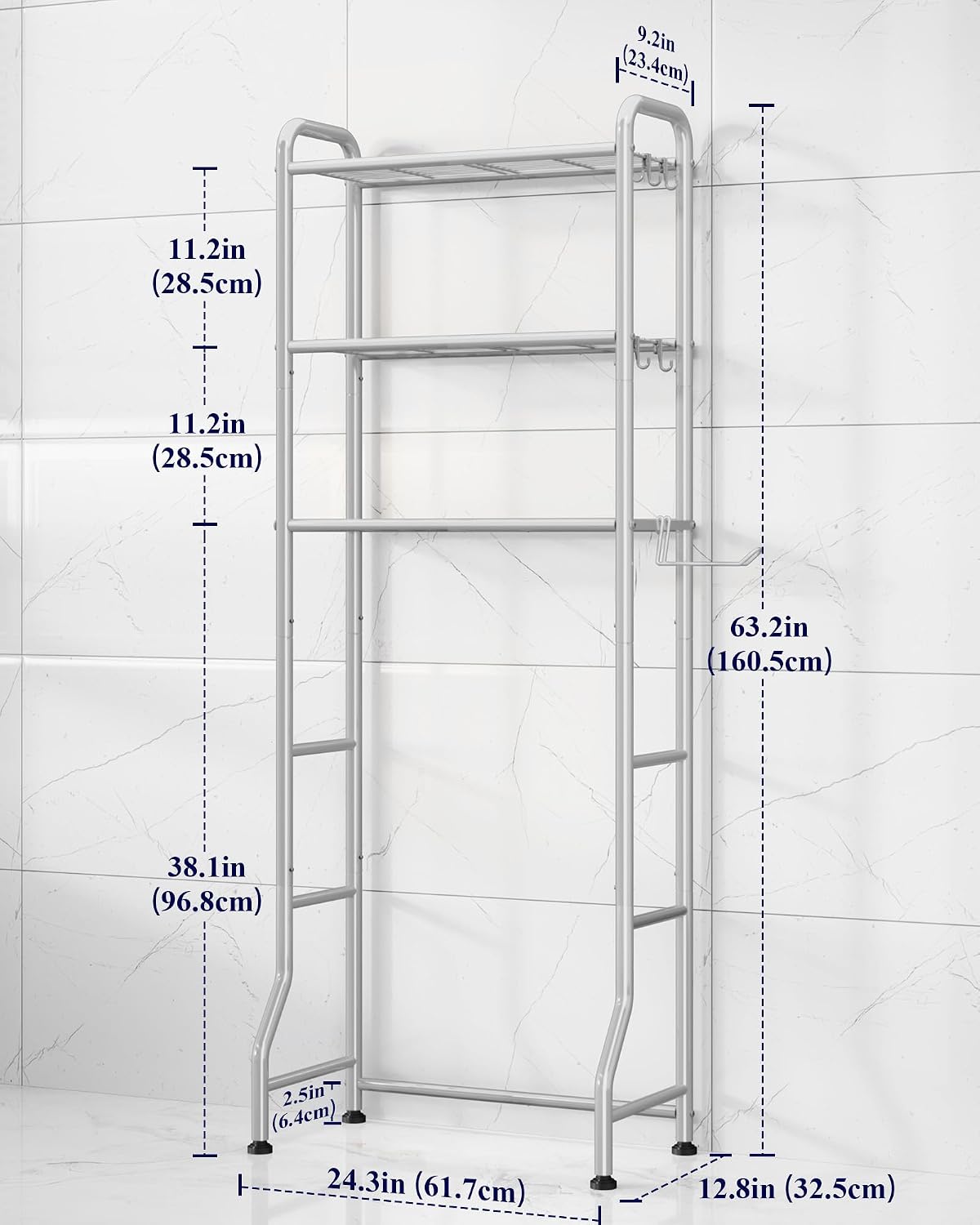 Kitsure Over Toilet Storage Rack, 63.2" H Space-Saving, Holder & Hooks | Bathroom, Laundry Room, Small Spaces, Families, Durable Metal, Black, 3 Tier