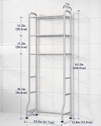 Kitsure Over Toilet Storage Rack, 63.2" H Space-Saving, Holder & Hooks | Bathroom, Laundry Room, Small Spaces, Families, Durable Metal, Black, 3 Tier