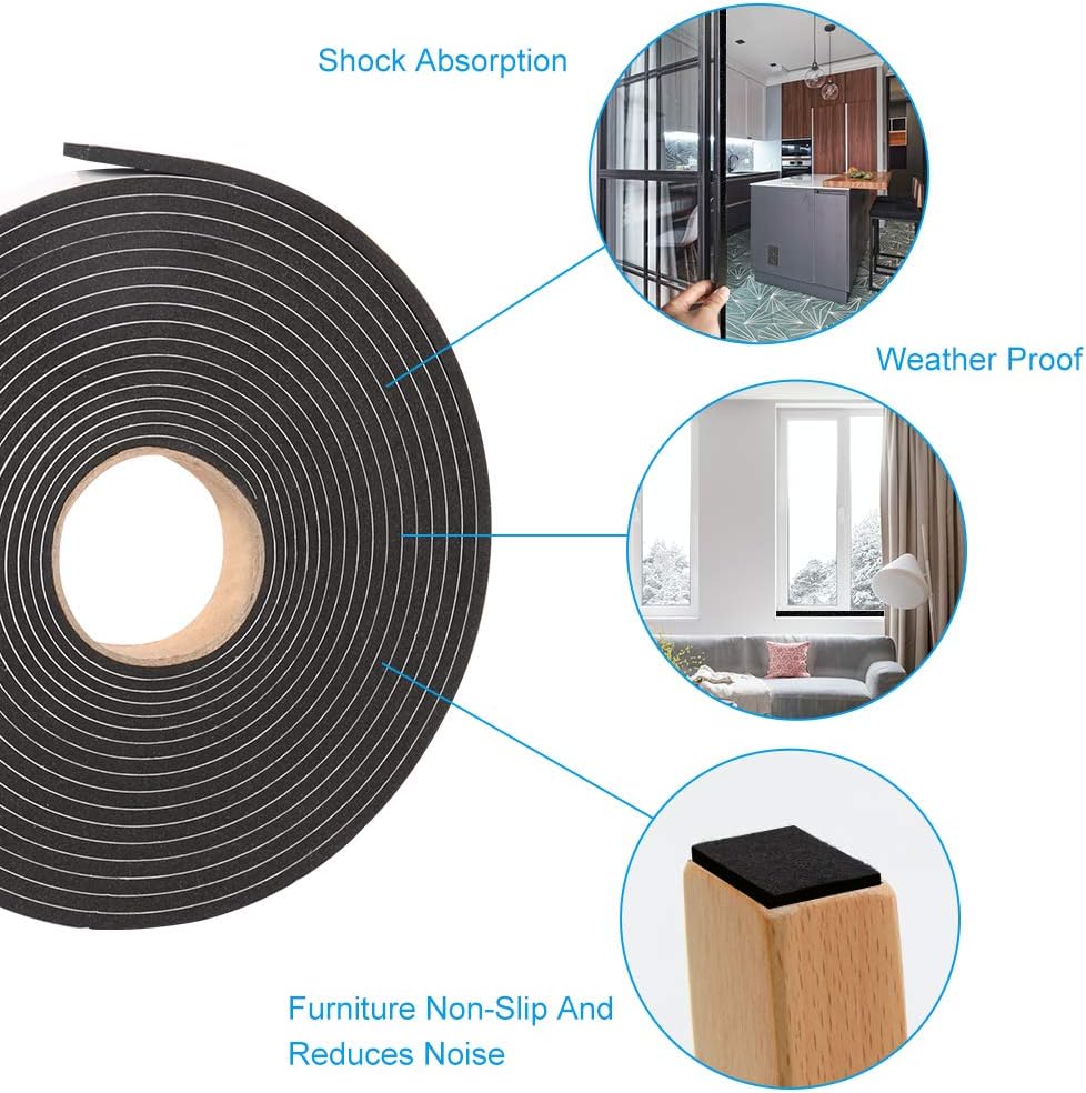 2 Rolls Foam Seal Tape for Door Window Insulation, Soundproof and Shockproof Foam Adhensive Strip, 3/8" Wx3/16 T Single Sided Foam Tape, Cold Air and Draft Closed Cell Seal Strip,Total 32FT