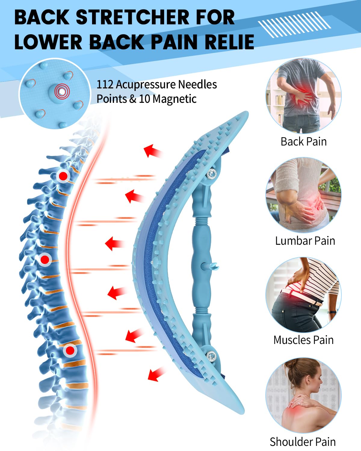 Back Stretcher Lumbar Backs Cracker with Magnet Backs Massager Lower Back Pain Relief Upgraded Multi-Level Support Stretcher Spinal Board Device for Herniated Disc, Sciatica, Scoliosis