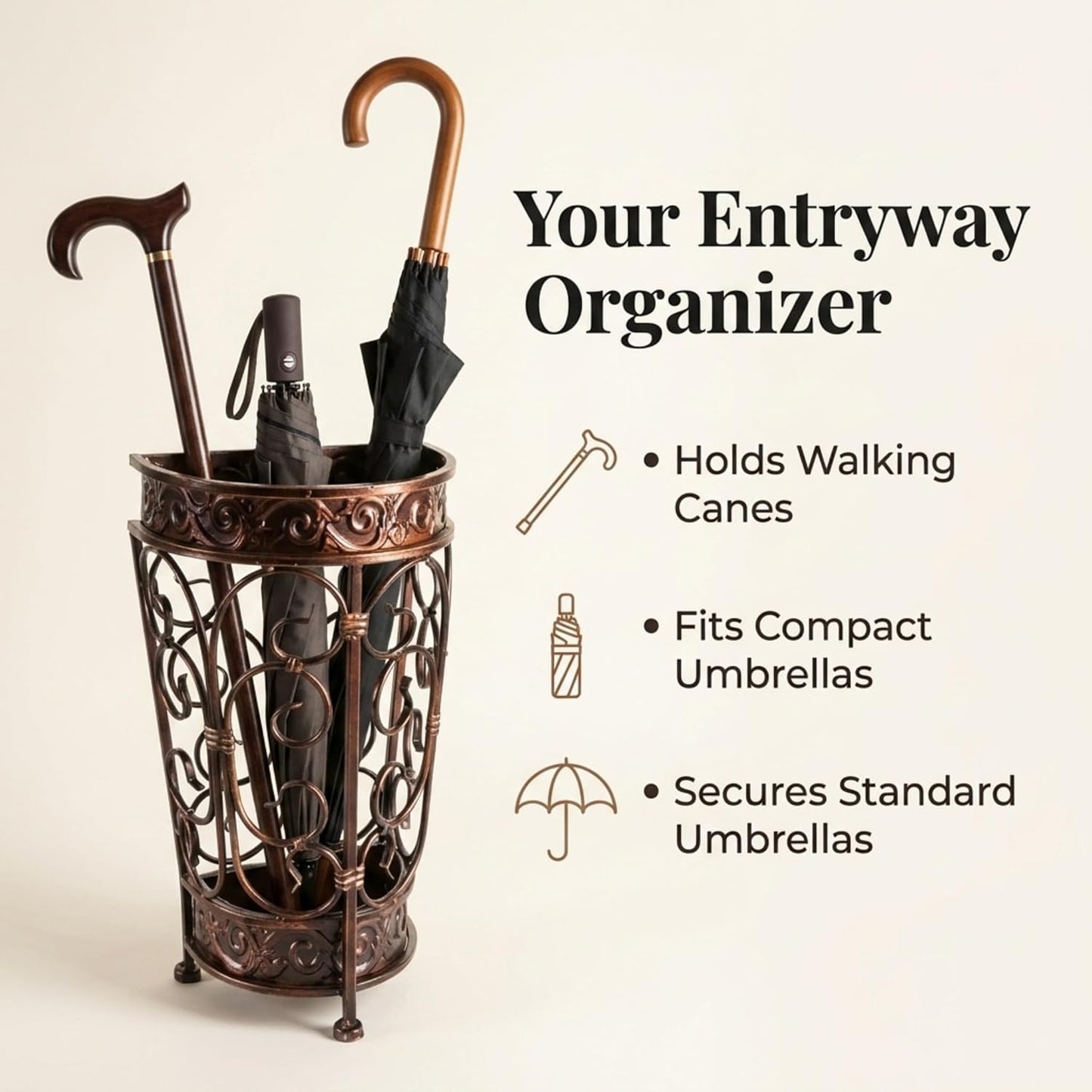 Super Quality Umbrella Stand, Umbrella Holder, Antique Look Metal, Entry Hallway Décor, Wallside Style, with Removable Drip Tray (Gold Brown)