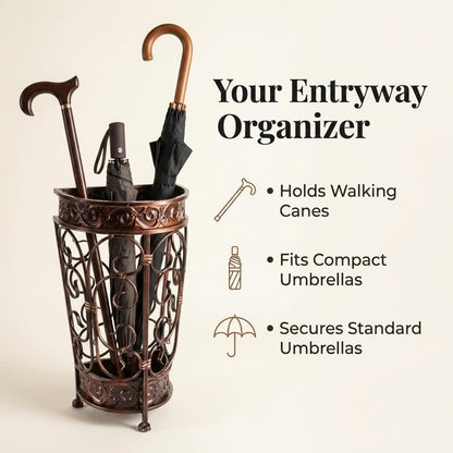 Super Quality Umbrella Stand, Umbrella Holder, Antique Look Metal, Entry Hallway Décor, Wallside Style, with Removable Drip Tray (Gold Brown)