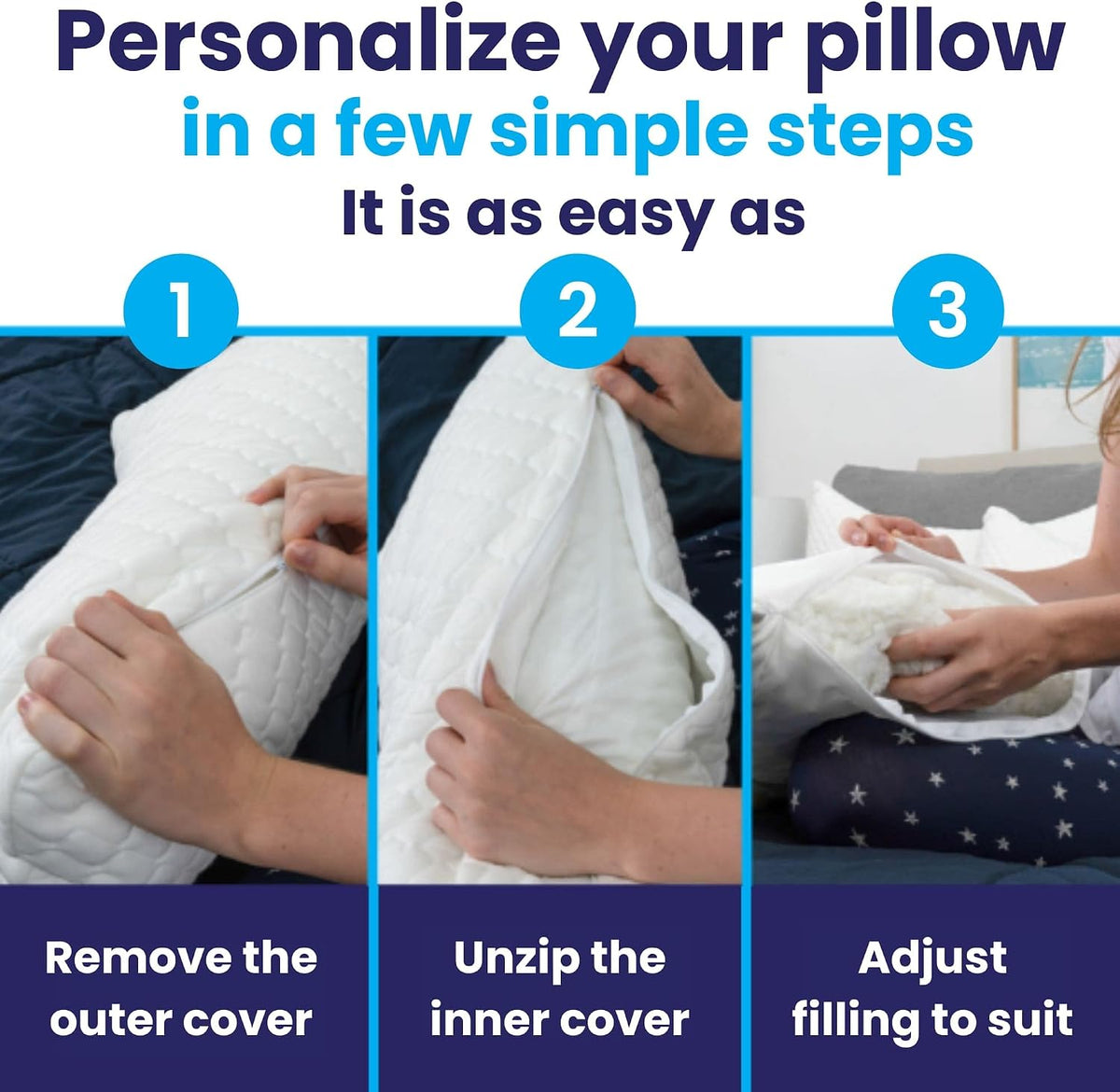 Sidney Sleep Adjustable Curved Pillows for Neck and Shoulder Support with Extra Shredded Fill - Cervical Contour Pillow for Side and Back Sleepers - Queen Size 19" x 29" CertiPUR-US Certified (White)