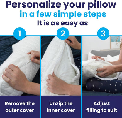 Sidney Sleep Adjustable Curved Pillows for Neck and Shoulder Support with Extra Shredded Fill - Cervical Contour Pillow for Side and Back Sleepers - Queen Size 19" x 29" CertiPUR-US Certified (White)