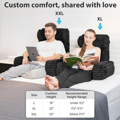ENITYA 22" XL Back Pillow for Bed Sitting Up with Armrests & Big Pockets | Reading Pillow for Bed, Soft Back Support Chair, Ideal for Watching TV, Gaming, Nursing, Resting, Post Surgery, Dark Grey