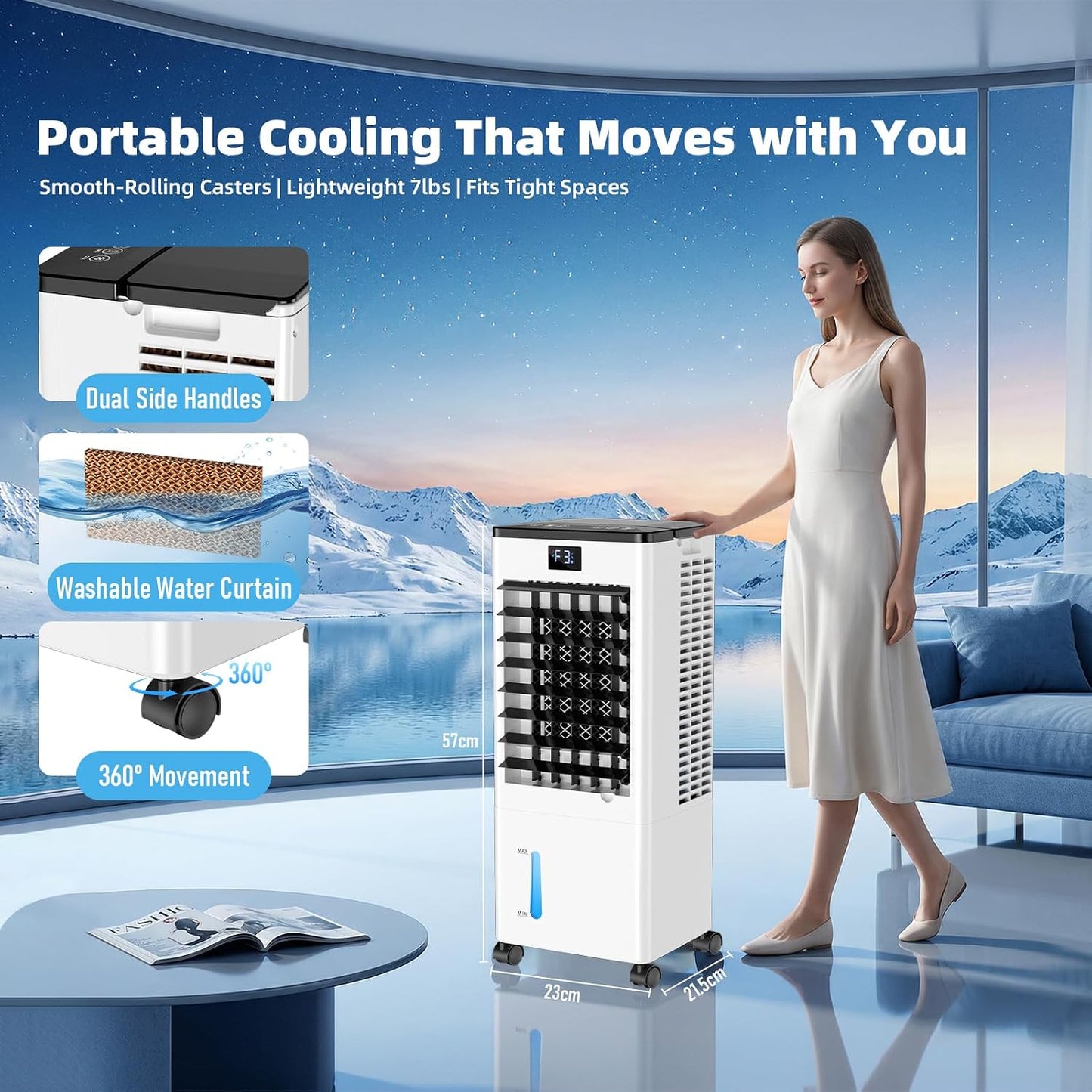 Portable Air Conditioners, Evaporative Air Cooler with Remote & LED Display, 120° Oscillation, 12H Timer, 3 Speeds & 4 Modes, 60W Energy-Efficient, Windowless Swamp Cooler for Bedroom Office Garage