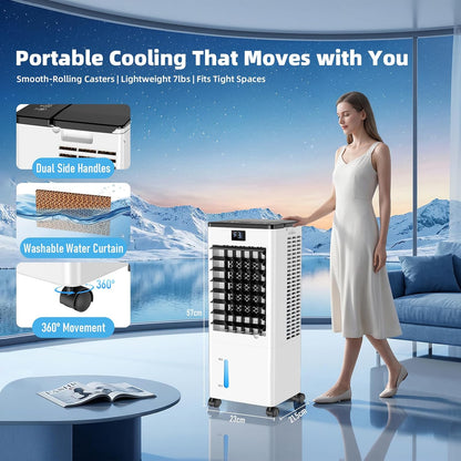 Portable Air Conditioners, Evaporative Air Cooler with Remote & LED Display, 120° Oscillation, 12H Timer, 3 Speeds & 4 Modes, 60W Energy-Efficient, Windowless Swamp Cooler for Bedroom Office Garage