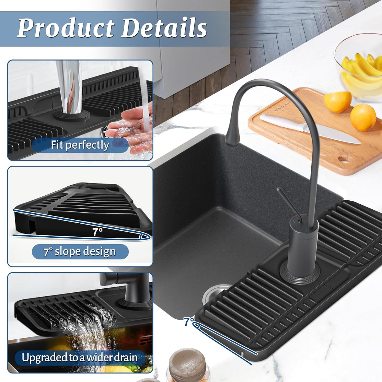 PoYang 24 Inch Faucet Mat for Kitchen Sink Splash Guard, Silicone, Black | Sink Protectors with 7° Slope for Smooth Drainage, Snap Button Holds It in Place, 90° Foldable & Cuttable Hole Fit Most Sinks