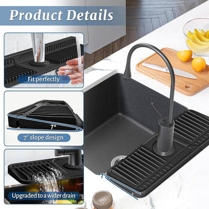 PoYang 24 Inch Faucet Mat for Kitchen Sink Splash Guard, Silicone, Black | Sink Protectors with 7° Slope for Smooth Drainage, Snap Button Holds It in Place, 90° Foldable & Cuttable Hole Fit Most Sinks