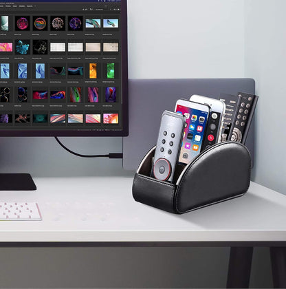 Pu Leather TV Remote Control Holder with 5 Compartments,Remote Caddy/Tray | Bedside Table Desk Storage Box/Organizer for Pen,DVD,Blu-Ray,Media Player,Heater Controller,Cosmetics,Glasses,Office Supplies