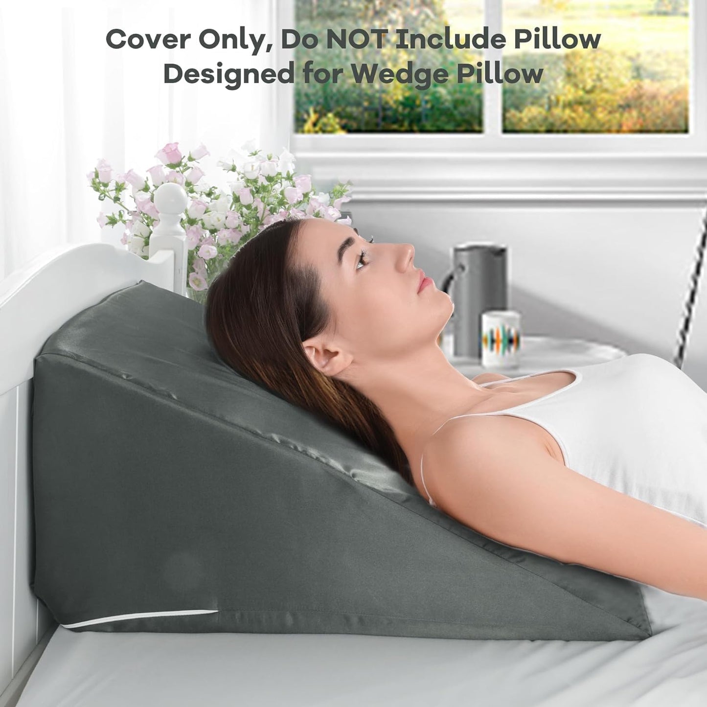 HOMBYS Satin Bed Wedge Pillow Cover Silky & Smooth Wedge Pillowcase 1 Pack 24x24x8, Soft & Breathable, Removable & Machine Washable-Zipper Design (Pillow Not Include), (Grey, 24"x24"x8")