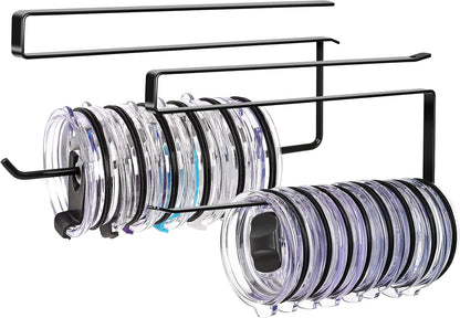 Tumbler Lid Organizer, Versatile Tumbler Lid Storage Holds 10 Lids, Black | Space Saving Cup Lid Organizers Inside Cabinet Tumbler Lid Hook for Kitchen Organizer and Storage, Paper Towel Rack Hanger
