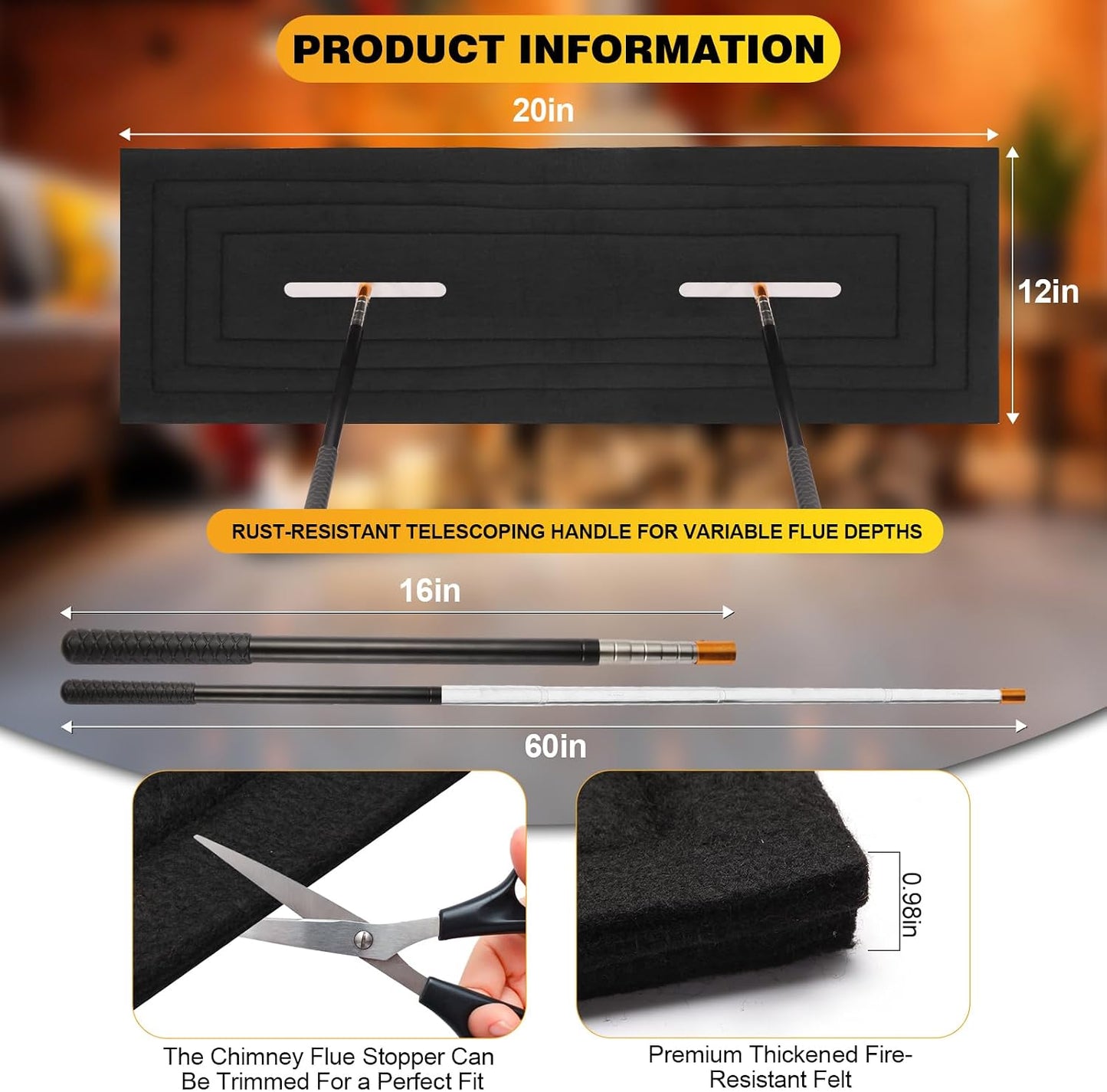 Chimney Flue Plug for 8" x 32" Rectangular Chimney Flue, Fireplace Draft Stopper, Energy-Saving Chimney Damper, Blocks Odors & Debris