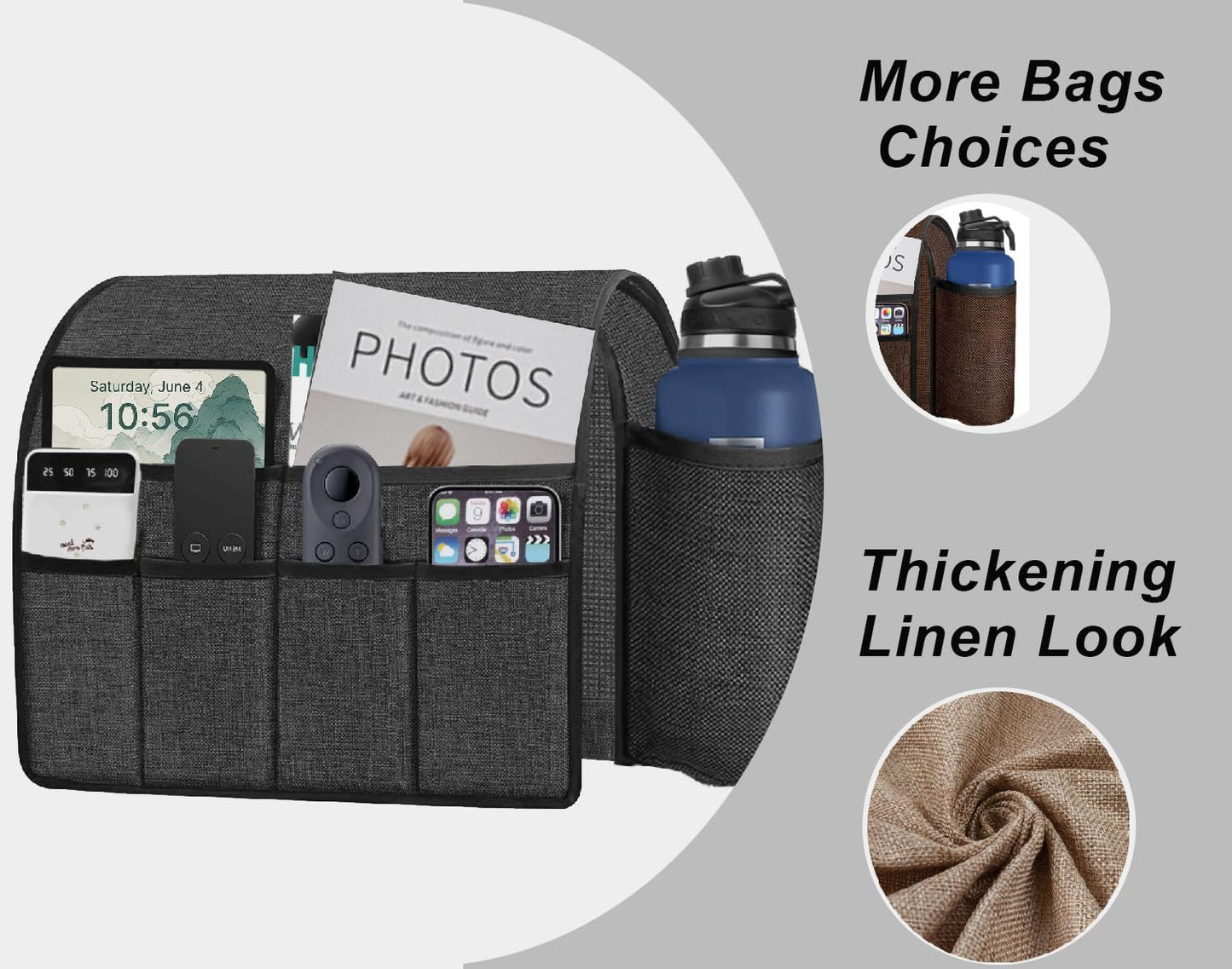 Ntomtuex Sofa Armchair Caddy Remote Control Holder with Water Bottle for Couch Recliner, Armrest Organizer with 7-Pocket Design for Magazines, Eyeglasses, iPad, Phone, Dark Grey