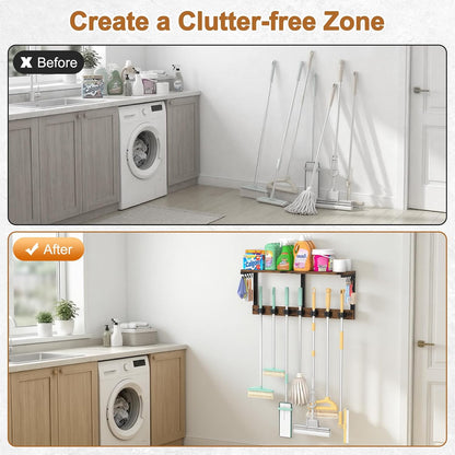 Housolution Wall Mount Broom Holder Hanger Laundry Room Storage Shelves | Thickened Metal Frame, 100 LBS High Load-Bearing, Large Capacity, Multifunctional with 7 Grippers & 8 Hooks