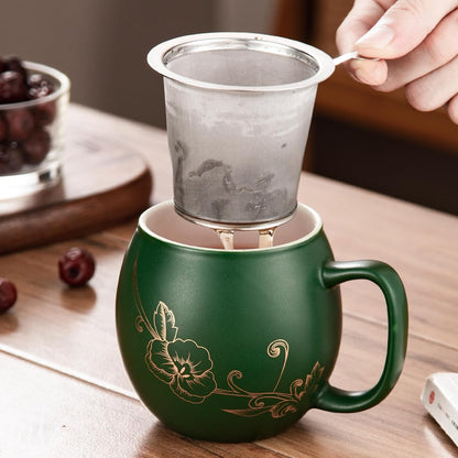 Yundu 12 OZ Matte Purple Ceramics Teacup with Infuser and Lid, Mug with Lid for Steeping - Stainless Steel Infuser for Loose Leaf Tea, Home Office Gift for Tea Lovers