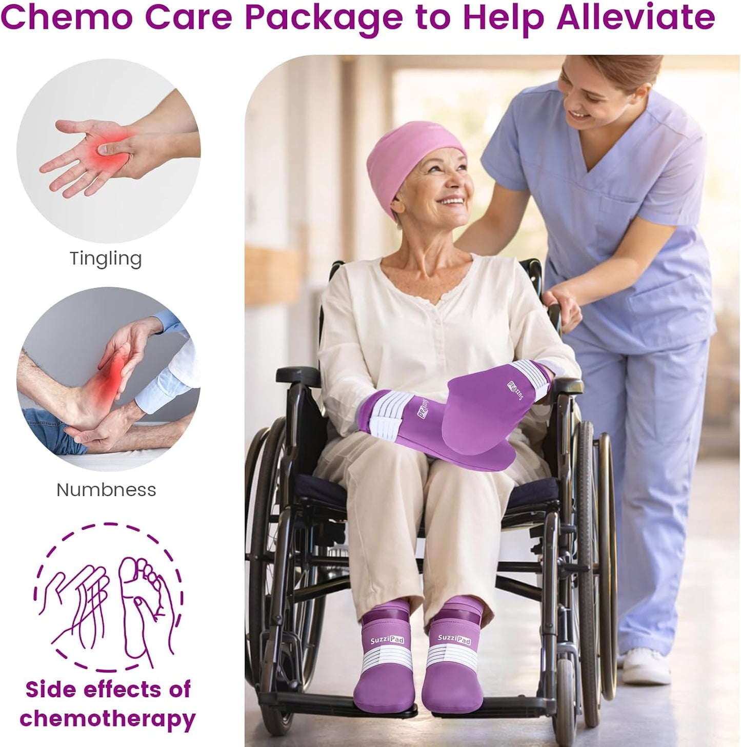 SuzziPad Cold Socks & Hands Ice Pack for Chemo Must Haves, Purple, S/M | Removable Gel Packs, Adjustable Straps, Dual-Layer Gloves & Foot Ice Pack Wraps For Chemo, Arthritis & Neuropathy Relief