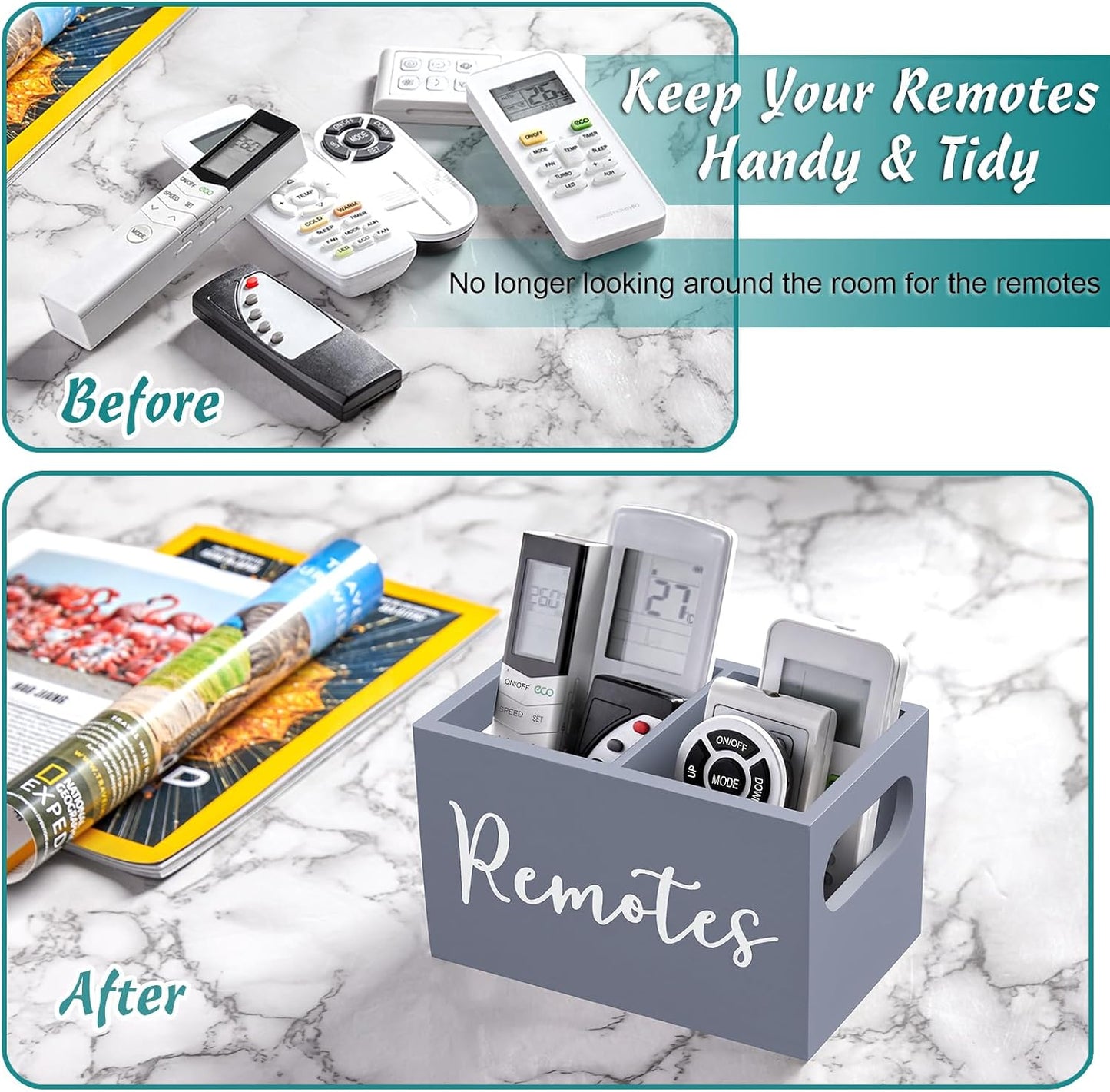 DRASTAR Remote Control Holder, Wood TV Remote Holder, Remote Storage Caddy, Remote Control Organizer (Black, 2 Slots)